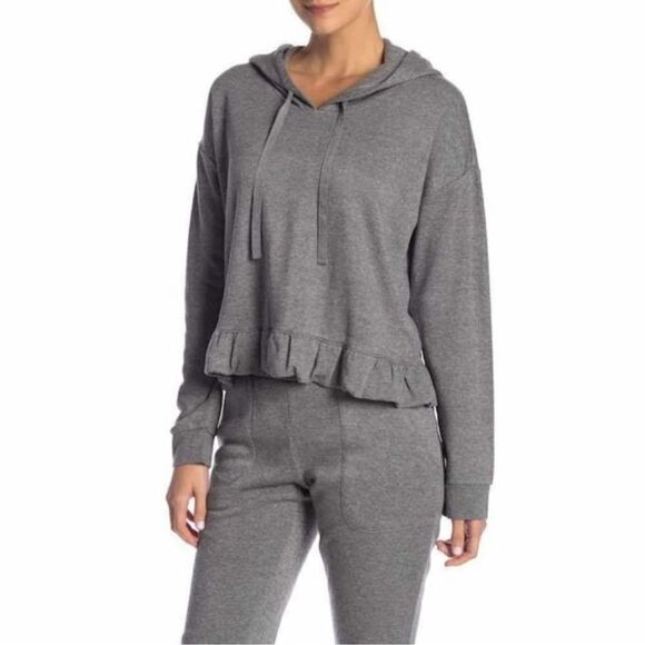 Free Press top women extra small Free Press Flirty Fleece Ruffle Hoodie Gray NWT - Picture 1 of 6